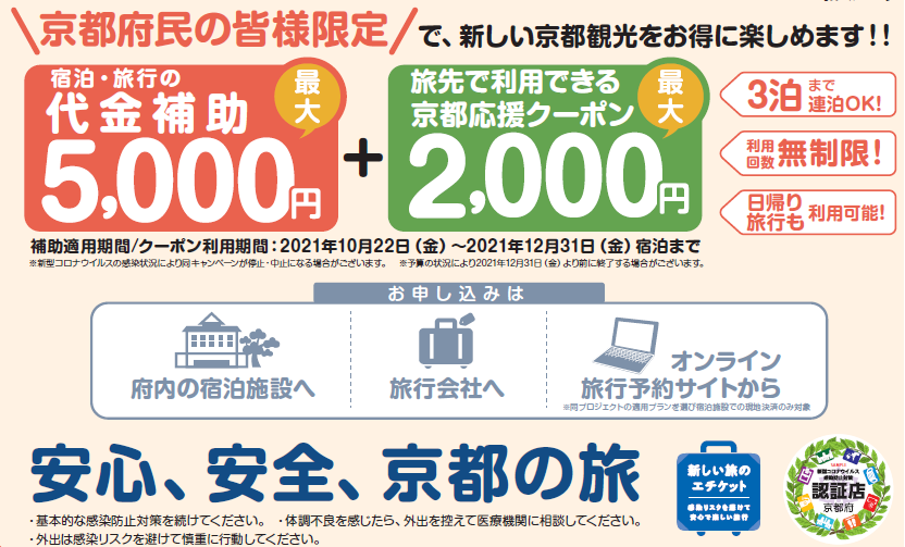 【京都府民限定】府内旅行に割引クーポン発行 きょうと魅力再発見旅プロジェクト